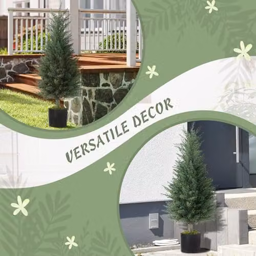 HOMCOM Set of 2 Green Artificial Cypress Trees with Plastic Pots, Height: 90 cm – 5