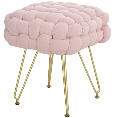 HOMCOM Pink Velvet Square Foot Stool with Metal Legs