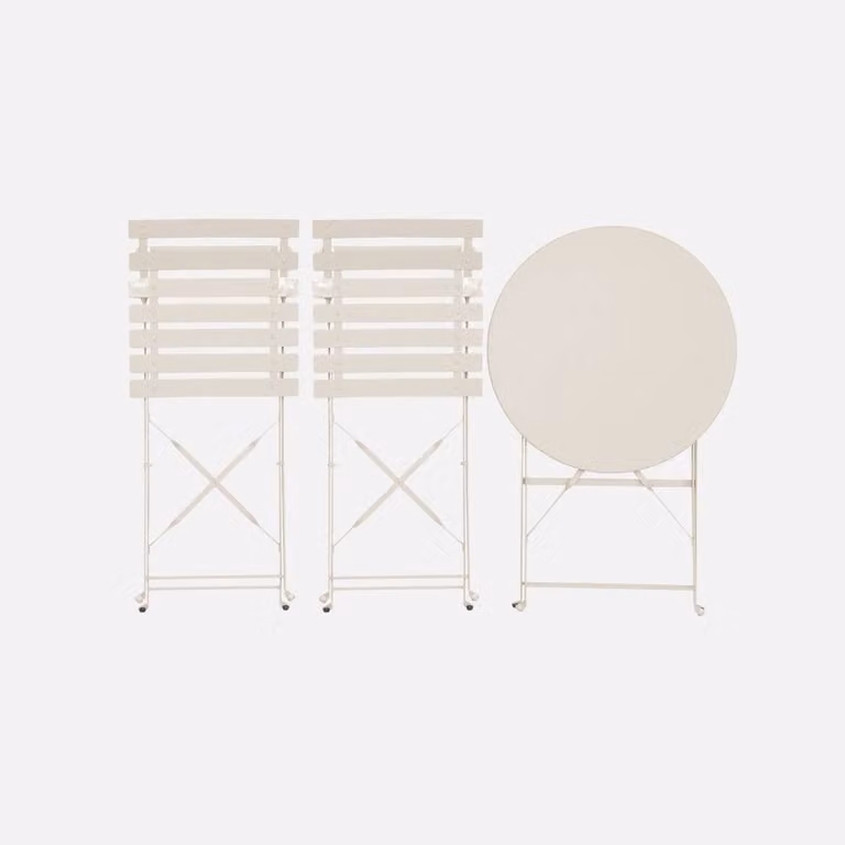 sweeek Round Folding Metal Bistro Garden Table and 2 Chairs Set in Beige, W/D/H: 60 x 60 x 71 cm