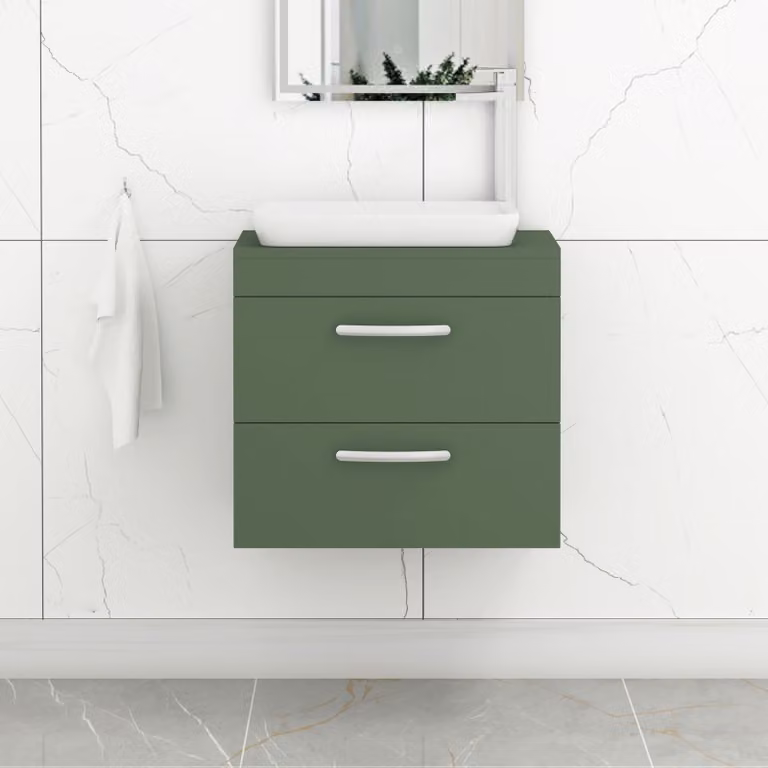 Royal Bathrooms Turin 500mm Wall Hung 2 Drawer Vanity Unit in Matt Green with Countertop Basin and Brushed Brass Handle