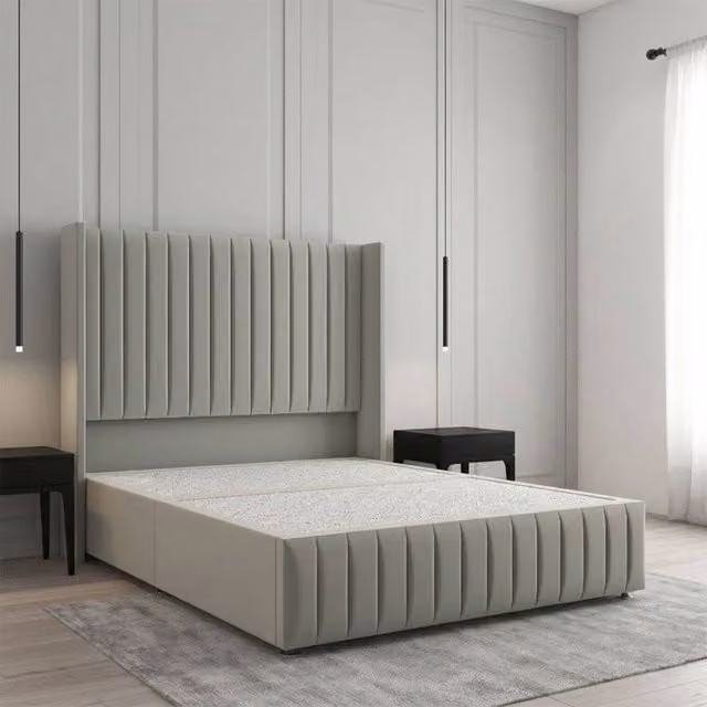 Regional Furnishings Luxury Single Divan Bed with Plush Velvet Headboard and Footboard in Silver, W/D/H: 90 x 200 x 137.16 cm