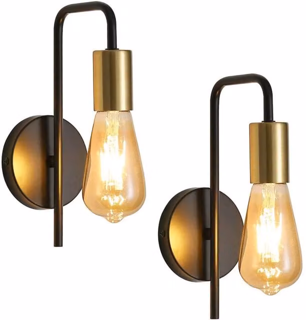 Pheashine Set of 2 Gold and Black U-Shaped Metal Wall Sconces with E27 Bulbs Included, Height: 25 cm