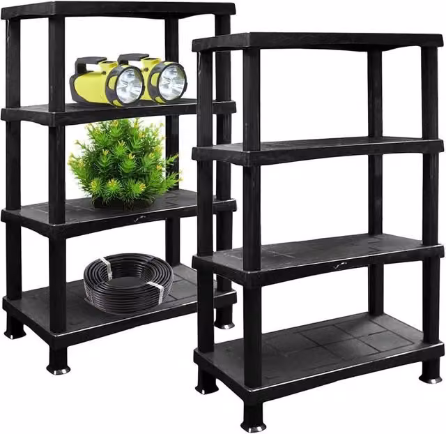 FORGEVIO Pack of 2 Black Plastic 4 Tier Storage Shelving Units – 1