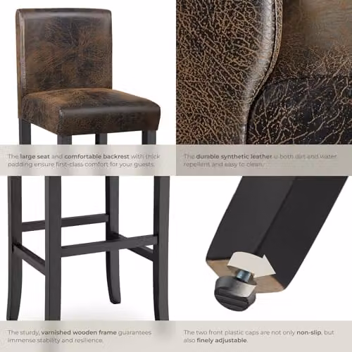 tectake Set of 2 Dover Bar Stools in Antique Brown with Synthetic Leather and Wood Legs – 8