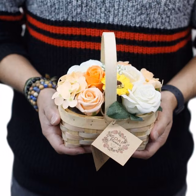KDMK Fragrant Hand Soap Flower Bouquet in a Rustic Orange Rattan Wicker Basket