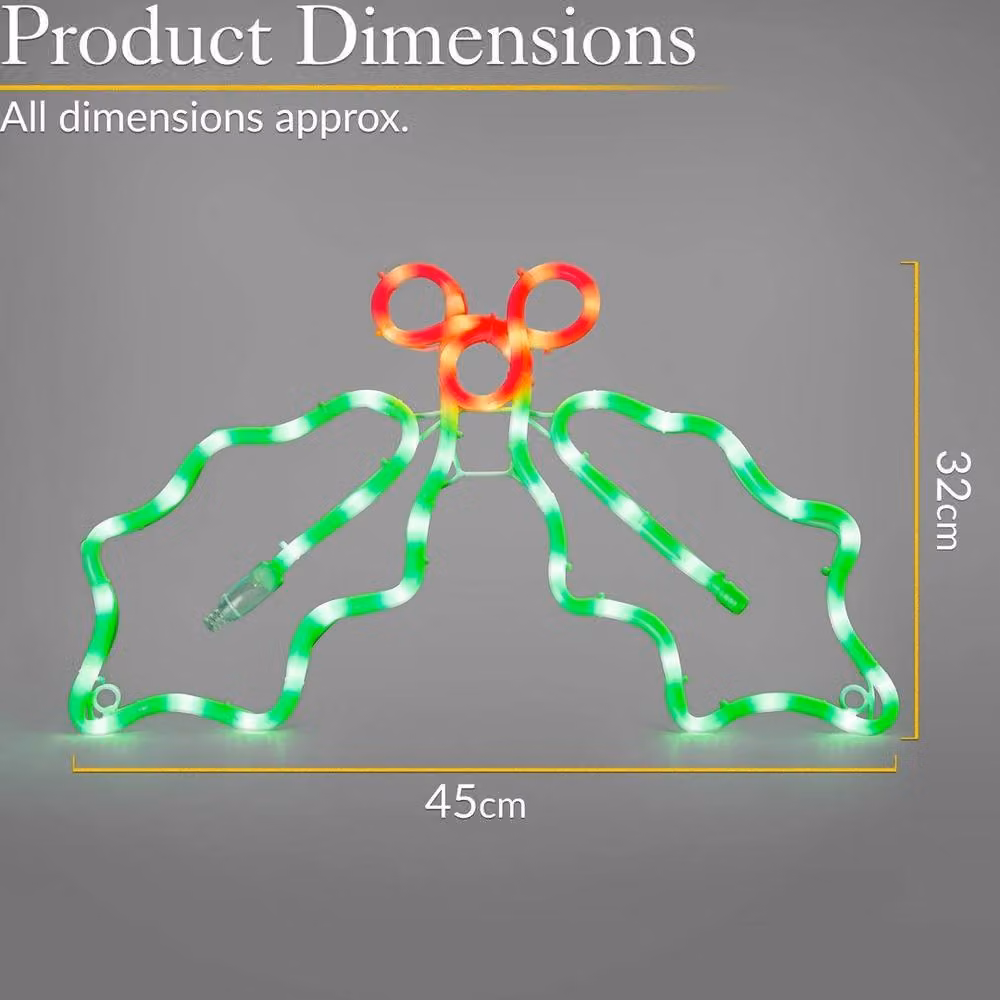 NESTLUNE Holly Christmas LED Rope Light Silhouette for Walls and Windows in Green, W: 100 cm, H: 100 cm – 2