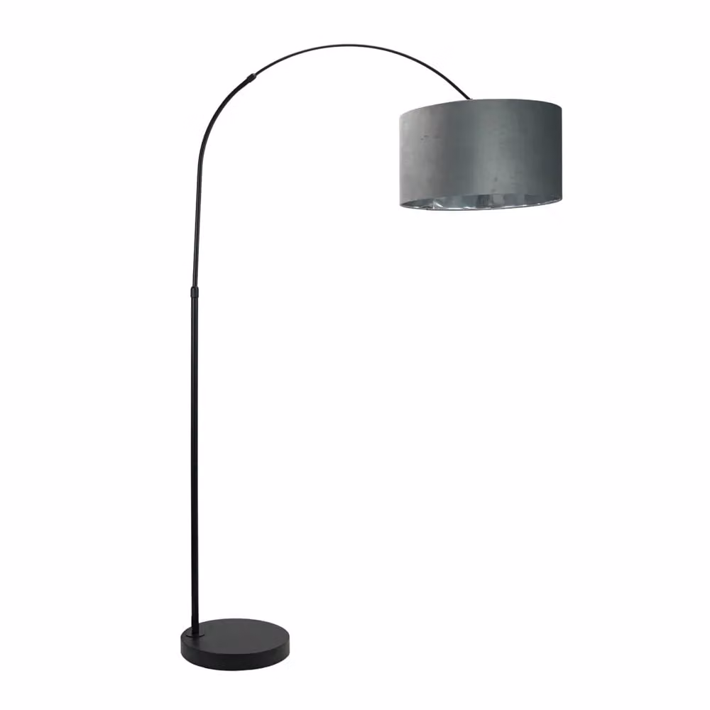 ValueLights Louis Black Arched Floor Lamp with Grey Fabric Shade and Chrome Inner Detail, H 180 x W 45 x D 45 cm – 2