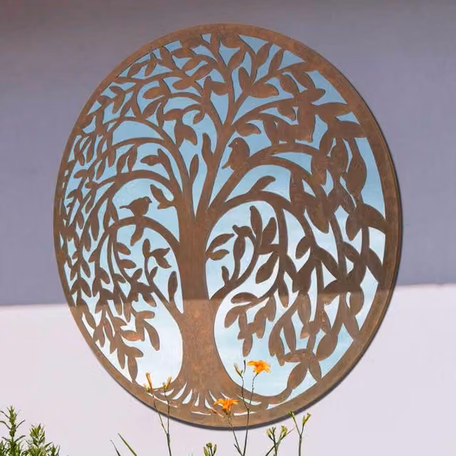 MirrorOutlet Song Birds Tree Design Round Metal Garden Wall Mirror, Brown