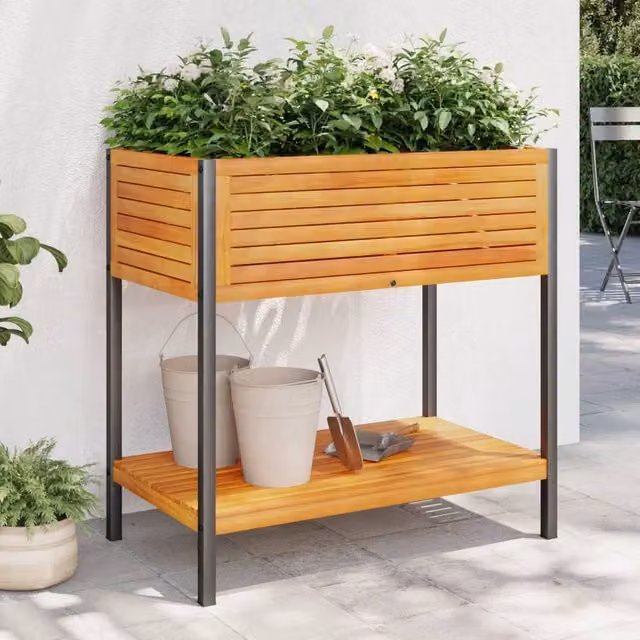 Berkfield Home Garden Planter with Shelf in Brown Acacia Wood and Steel, W/D/H: 80 x 45 x 80 cm