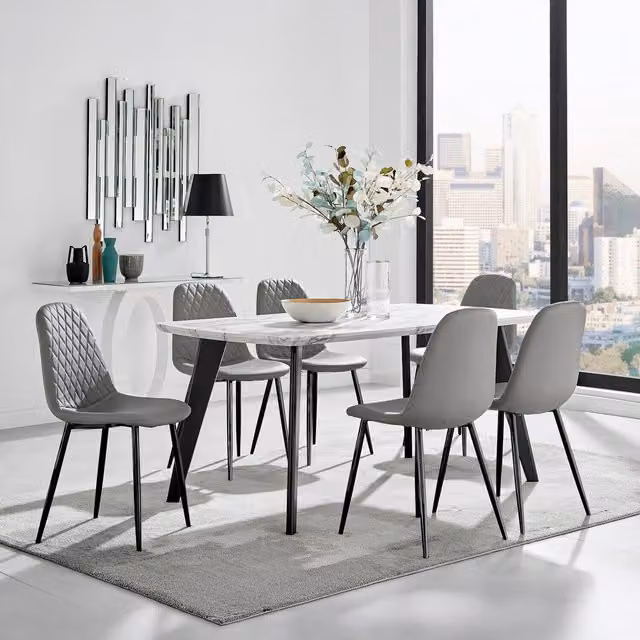 FurnitureboxUK Andria Grey Marble Effect Rectangular Dining Table and 6 Corona Black Leg Chairs Set