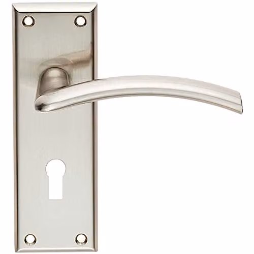 Loops Pair Arched Lever on Lock Backplate Door Handles in Brushed Satin Nickel, W: 150 mm, H: 50 mm