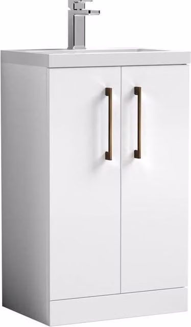 Balterley Gloss White Modern Freestanding Bathroom Vanity Basin Unit with Soft Close Doors and Brushed Bronze Handles W: 50 cm, H: 84 cm, D: 50 cm