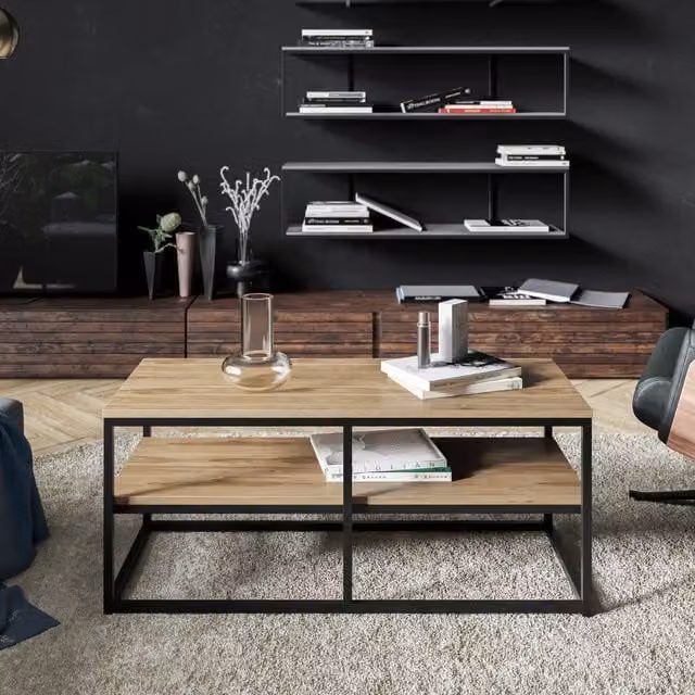 Decorotika Modern Rectangular Coffee Table in Black and Brown with Glass and Metal Details