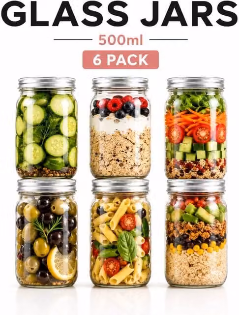 Volila Leakproof Glass Mason Jars with Lids for Canning, Salads and Oats, Clear and Silver, 490ml, 6 Pack
