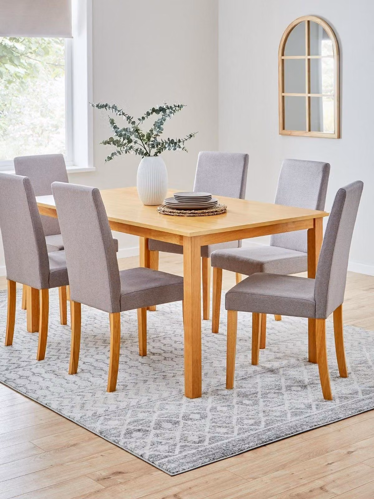 Primo Modern Rectangular Dining Table and 6 Grey Fabric Chairs Set with Wood Finish