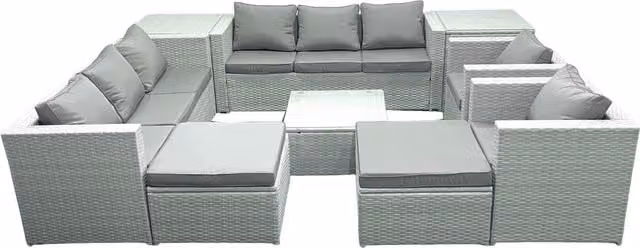Fimous Outdoor Rattan Garden Furniture Set in Light Grey with 2 Armchairs, Square Coffee Table, 2 Footstools and 2 Side Tables