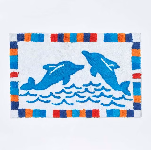 Homescapes Hand Tufted Cotton Kids Rug with Blue Dolphins in White and Blue