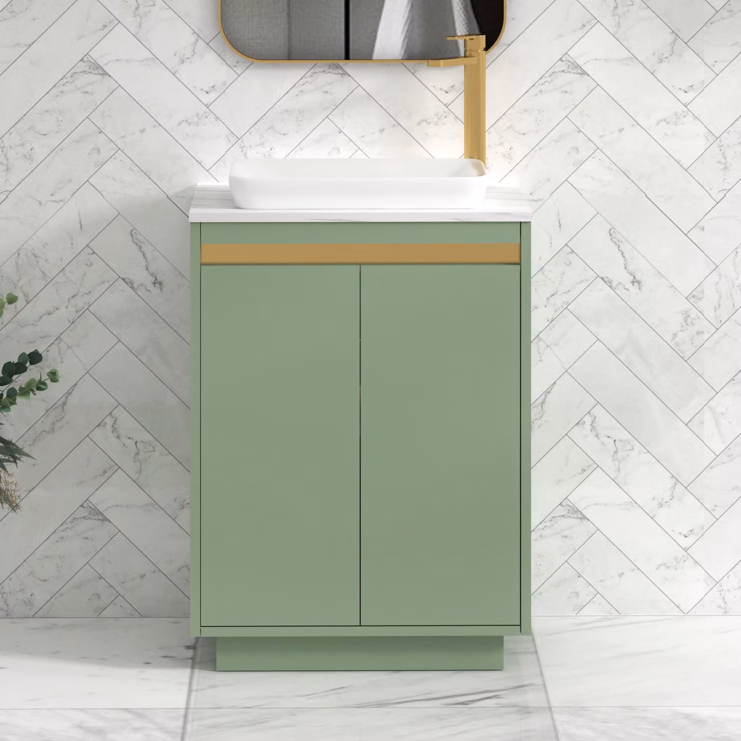 Royal Bathrooms Orion 800mm Mint Sage Floor Standing 2 Door Vanity Unit with Qubix Basin and Brushed Brass Accent Trim
