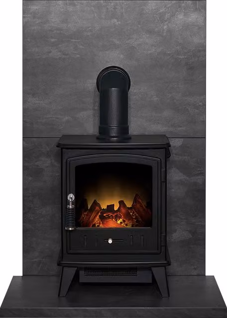 Acantha Fires & Fireplaces Tile and Hearth Set in Black Slate Venetian Plaster Effect with Aviemore Stove and Angled Pipe – 1
