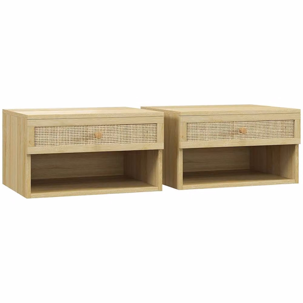 Wyld Haus Tovelu Set of 2 Wall Mounted Wood Effect Floating Bedside Tables with Rattan Panels in Sand and Beige – 2