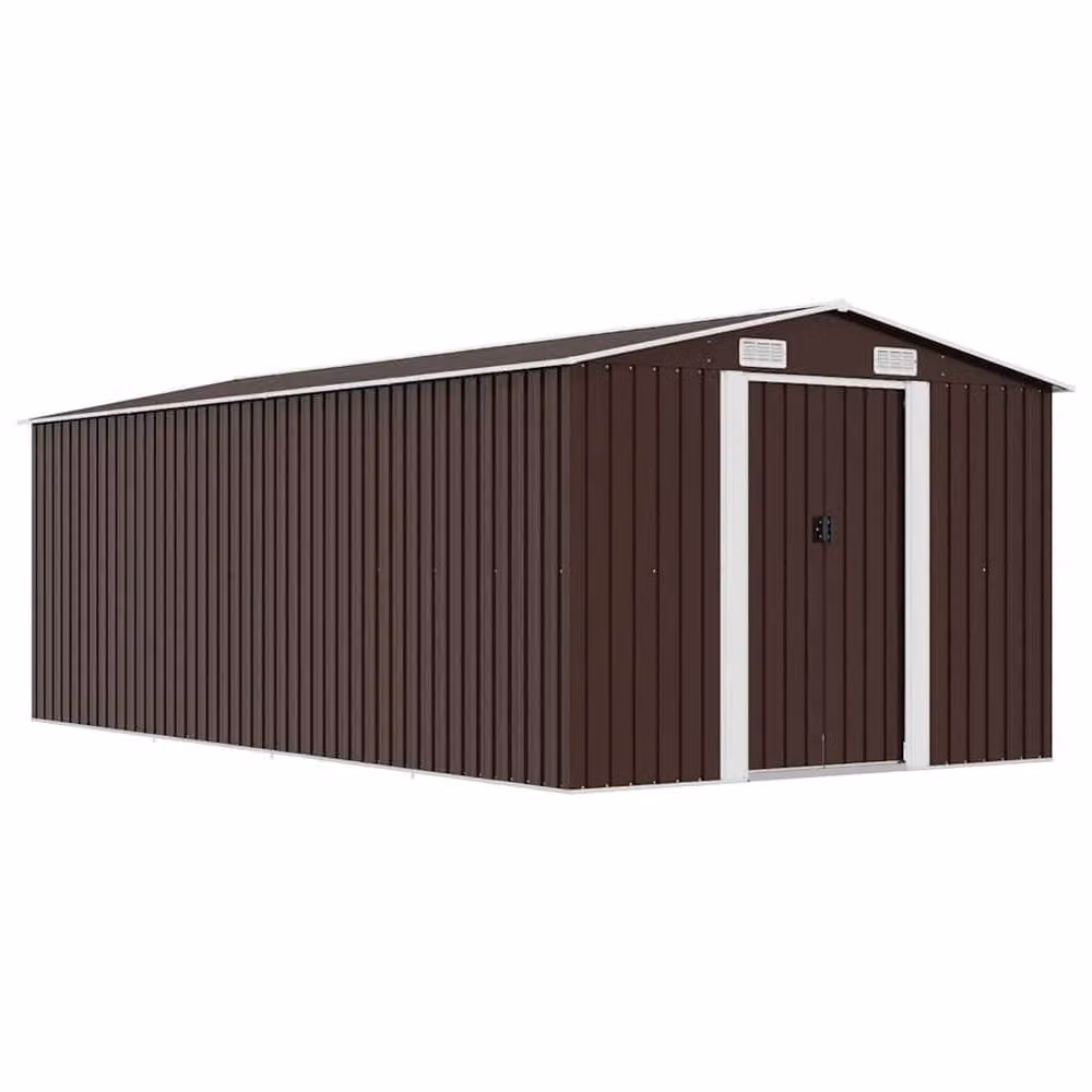 Berkfield Brown Metal Garden Shed with Sliding Gable Doors, W: 257 cm, D: 489 cm, H: 181 cm – 2