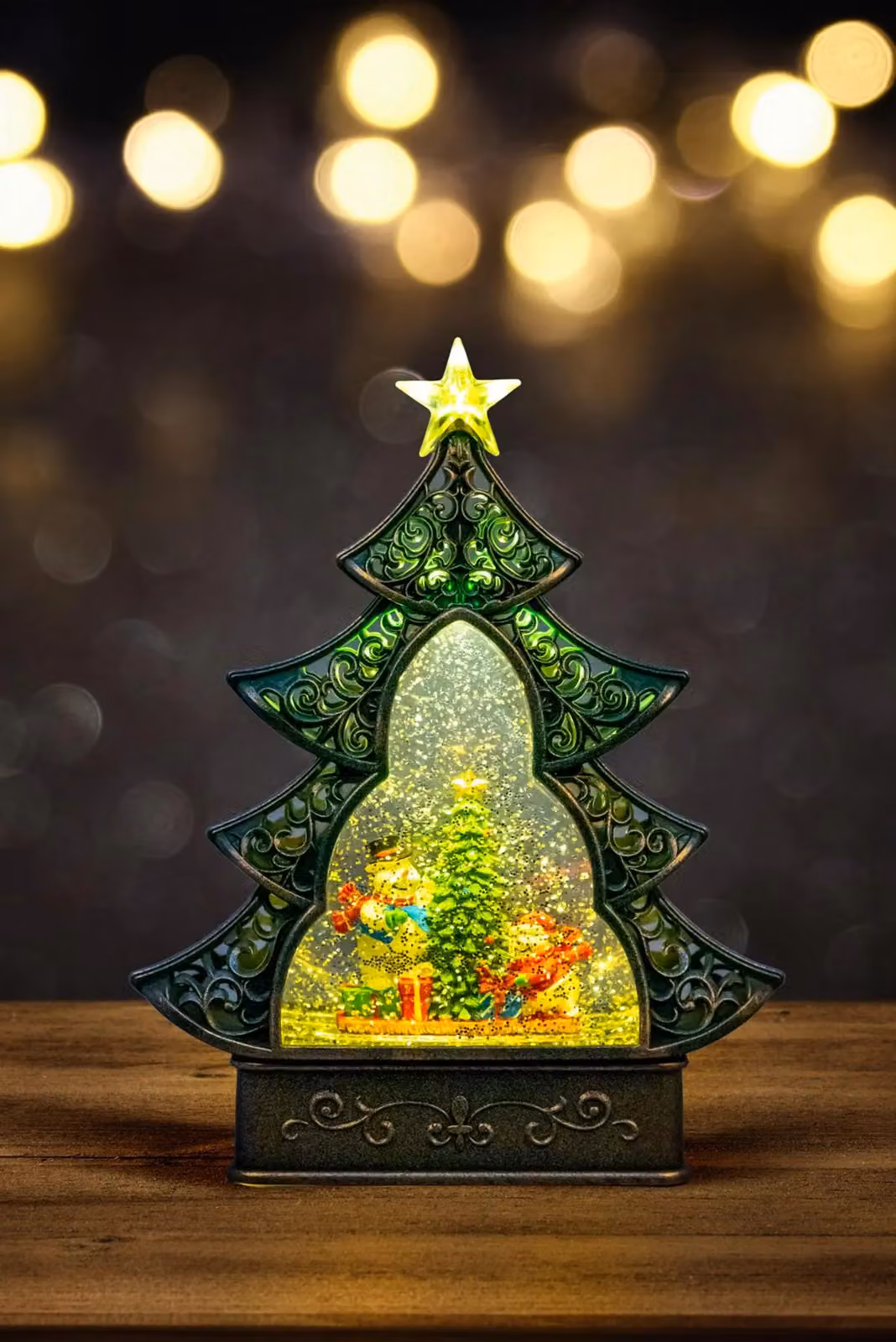 Shatchi Christmas Snowman Scene Globe Lantern with Swirling Water, Glitter, Music and Lights in Green and Bronze – 5