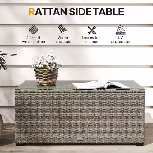 Outsunny Outdoor Rattan Coffee Table with Glass Top, Dark Grey, W/D/H: 90 x 50 x 38 cm – 3