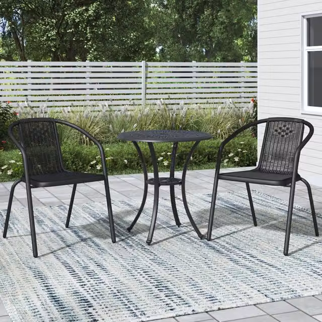 Breeins Modern Round Outdoor Dining Set with 1 Table and 2 Stacking Chairs in Matt Black