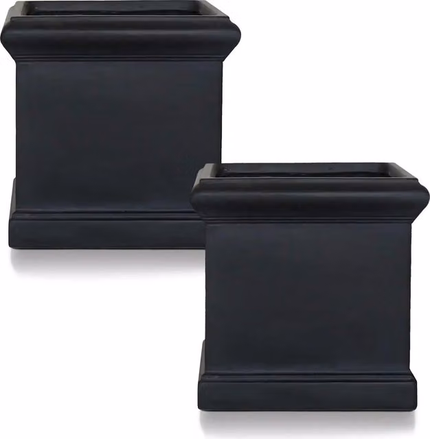 Idealist Victorian Square Garden Planters, Set of 2, Black Ceramic and Stone Ornamental Pots