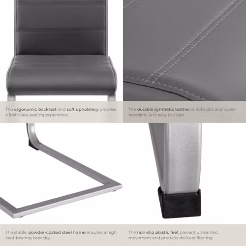 tectake Set of 8 Bettina Dining Chairs in Grey with Synthetic Leather and Metal Cantilever Base – 5