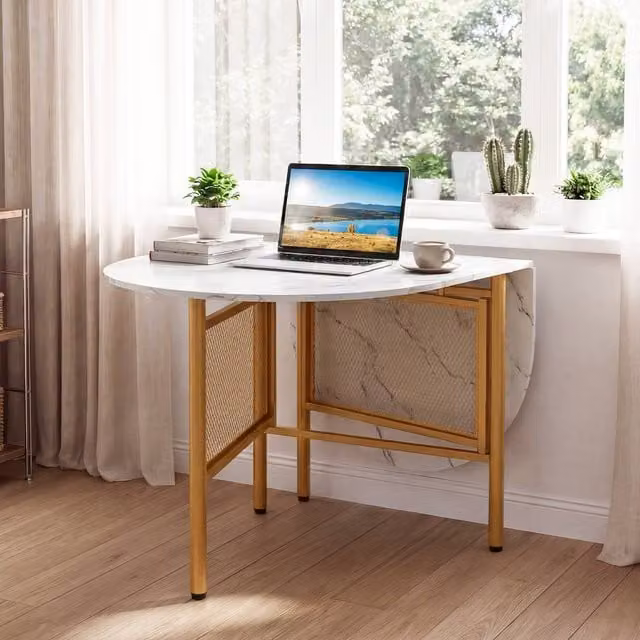 Costway Modern White and Gold Marble Drop Leaf Folding Dining Table, W: 150 cm, H: 76 cm – 1