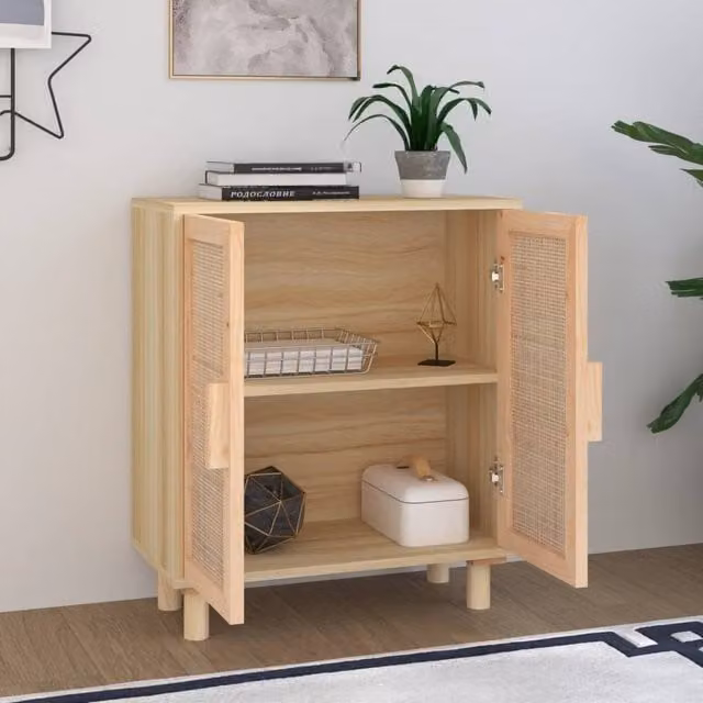 Berkfield Home Brown Sideboard in Solid Pine and Natural Rattan, W/D/H: 60 x 30 x 70 cm