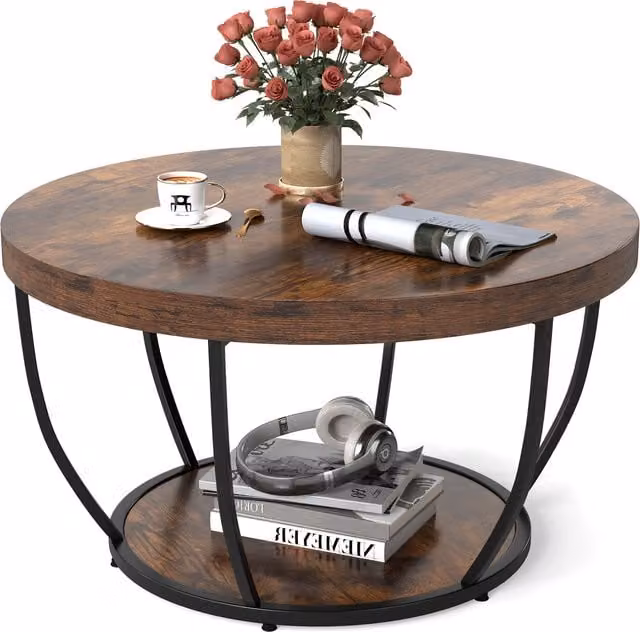 Costway Rustic Round Coffee Table in Brown with Matt Wood and Metal Finish
