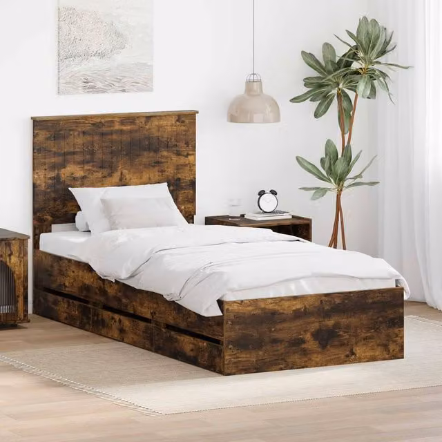 Berkfield Home Modern Bed Frame with Drawer in Smoked Oak Brown, W/D/H: 90 x 190 cm – 1