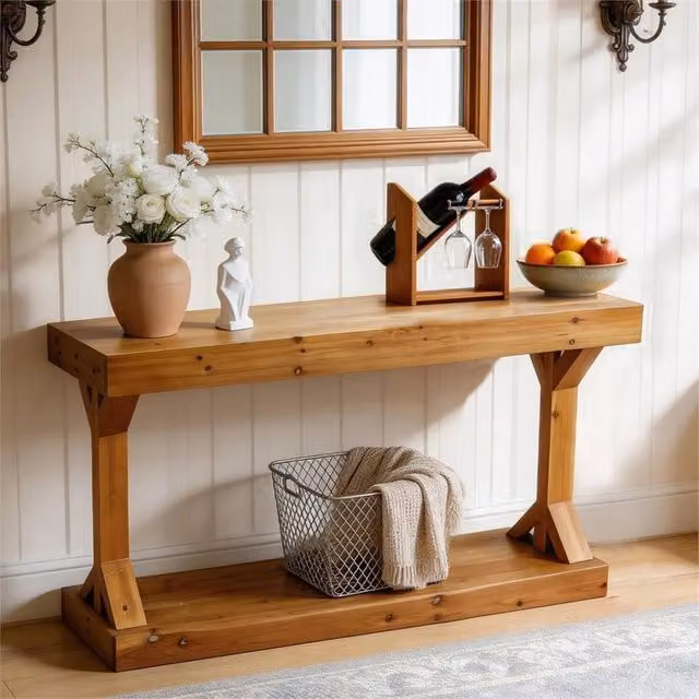 Nordara Rustic Brown Solid Wood Trestle Console Table
