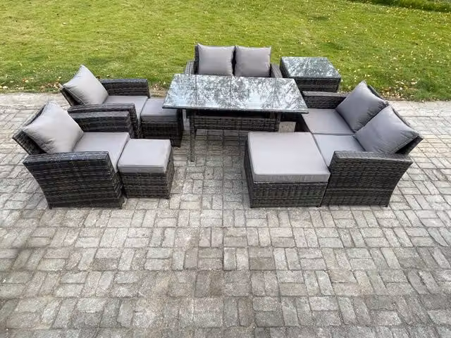 Fimous 9 Piece Rattan Garden Furniture Set with 3 Footstools and Side Table in Dark Grey