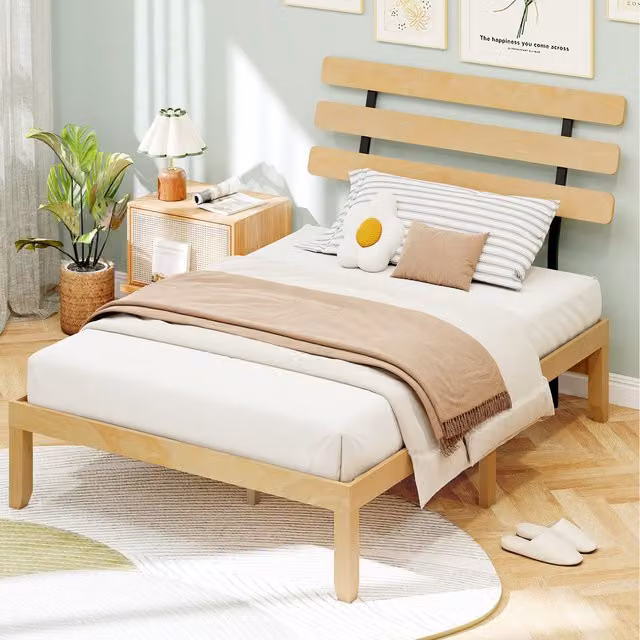 Costway Retro Solid Wood Platform Bed in Brown and Beige, W/D/H: 140 x 200 cm