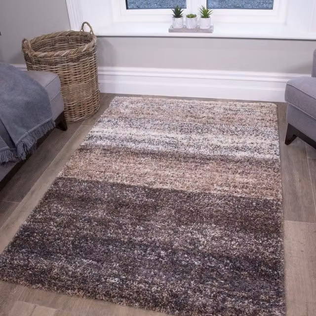Kukoon Neutral Beige Striped Mottled Shaggy Rug, W: 60 cm, D: 110 cm