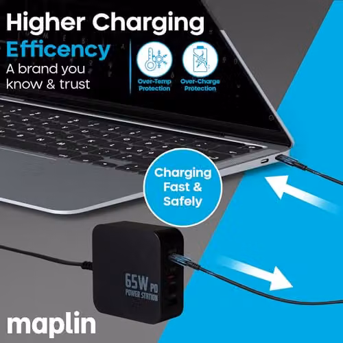 Maplin 65W 4 Port USB-C and USB-A GaN Power Station Laptop Charger in Black – 3