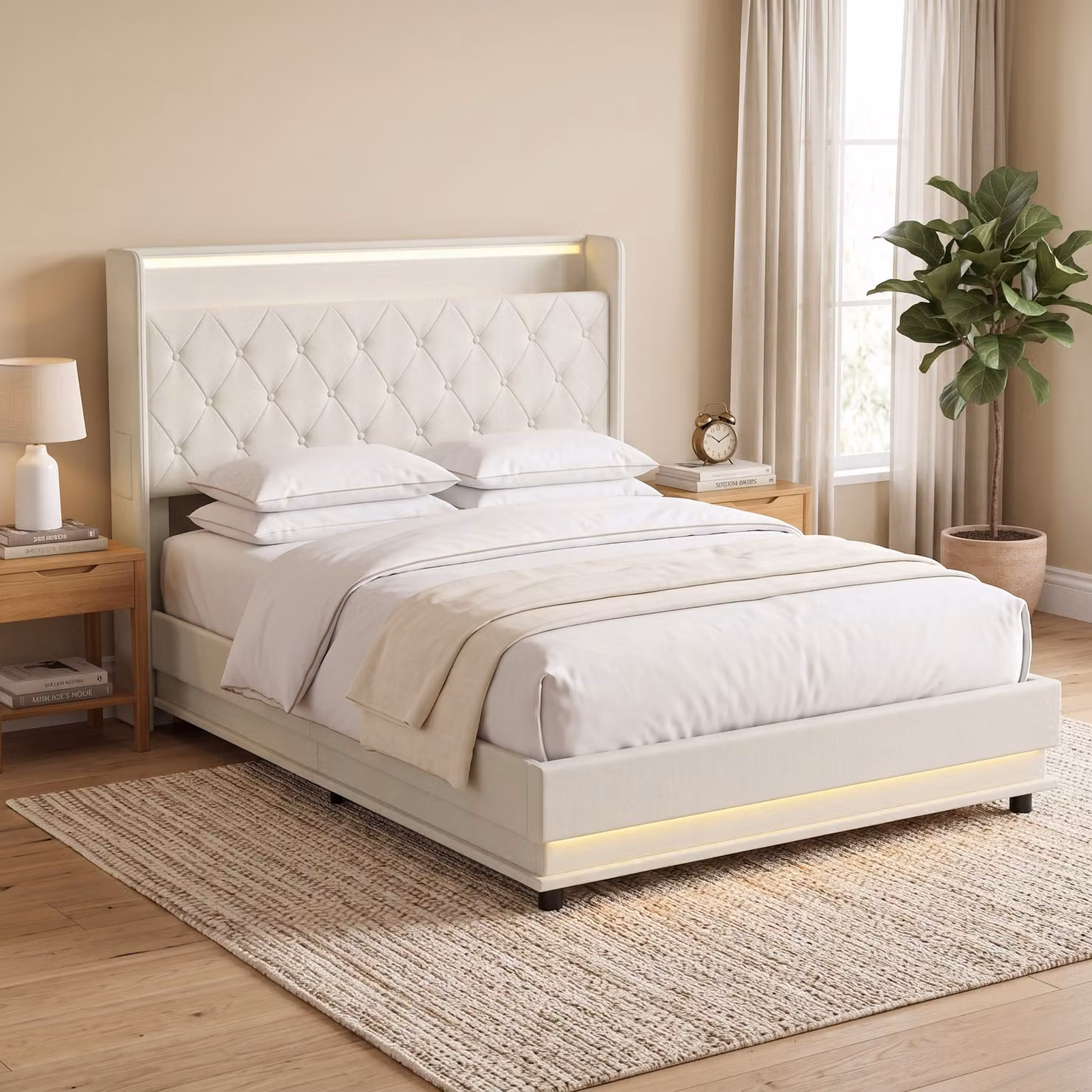 HOMCOM Double Bed Frame with Hydraulic Storage, LED Under-Bed Lighting, USB Charging Port and Headboard, Cream/Beige, 140 x 200 cm – 6