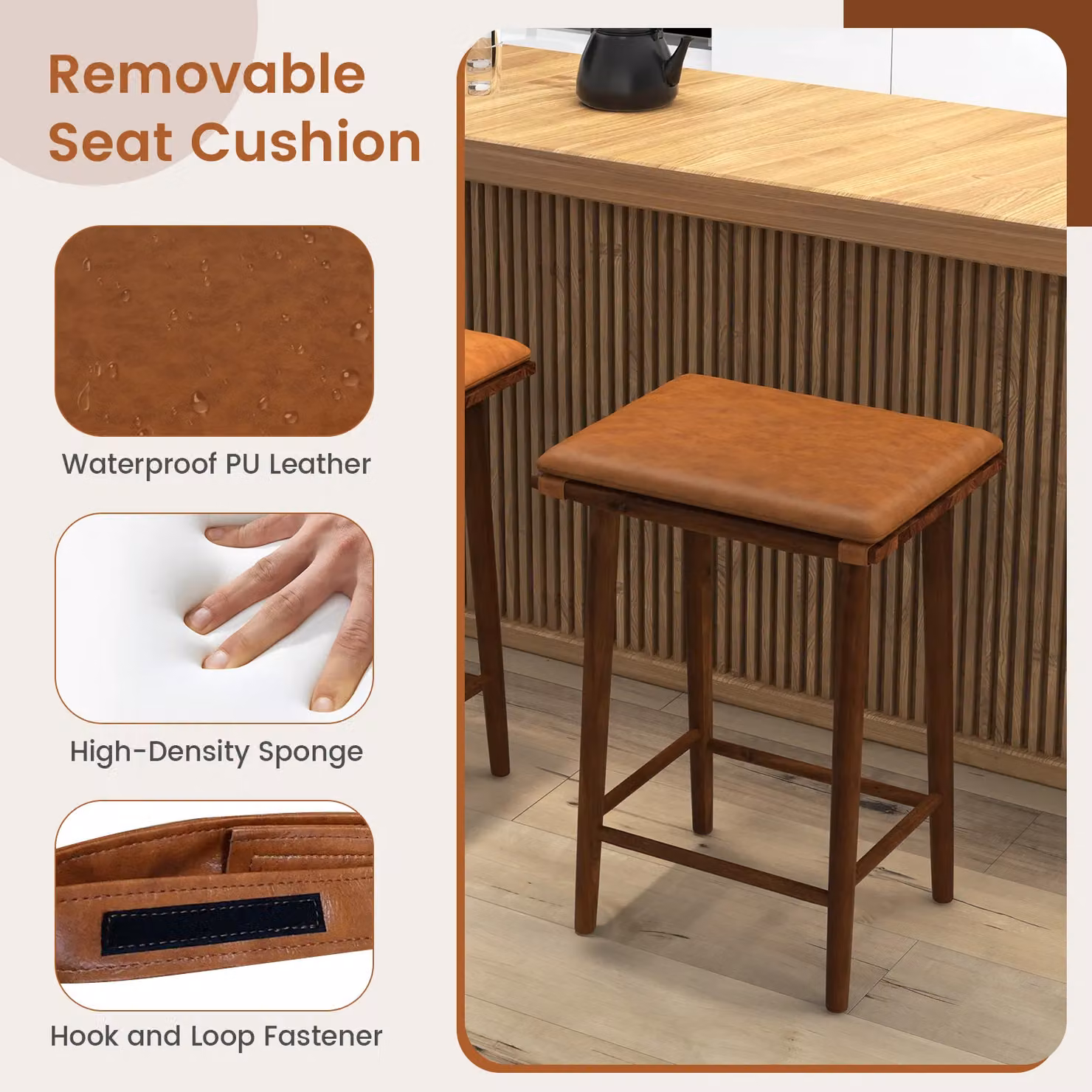 Costway Set of 2 Brown Counter Height Bar Stools with Saddle Seats and Solid Wood Legs – 5