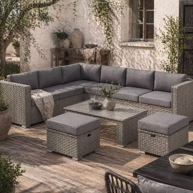 Wyld Haus Rava 8 Seater Modular Corner Sofa Set in Mixed Grey Faux Rattan with Glass Table