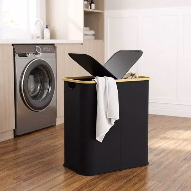 STILVORA 80L Collapsible Laundry Basket with Lid and Handles in Black
