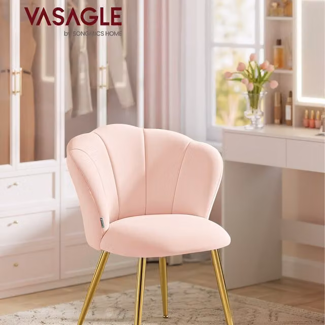 VASAGLE Pink Velvet Dining Chair with Petal Backrest and Gold Metal Legs