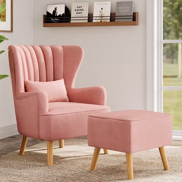 Livingandhome Pink Velvet Curved Back Single Armchair with Ottoman and Lumbar Pillow