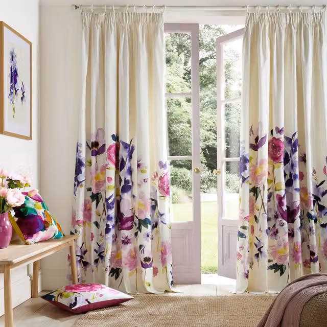 Bluebellgray Taransay Ready Made Semi-Transparent Floral Pencil Pleat Curtains, Multicolour