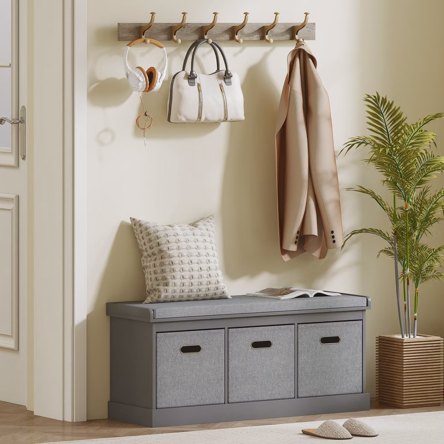 HOMCOM Grey Shoe Storage Bench with Seat and 3 Fabric Drawers – 2