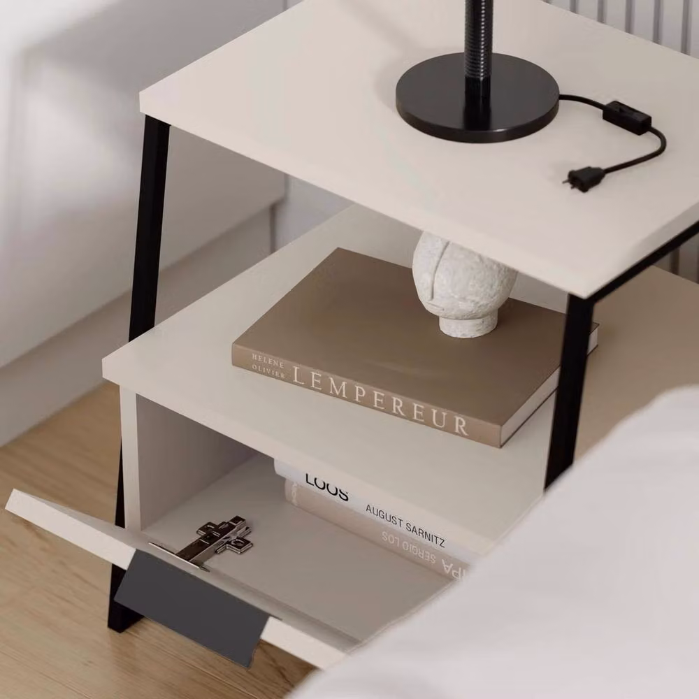 Havendro Sandstone Bedside Table with 1 Door in White and Black Metal – 3