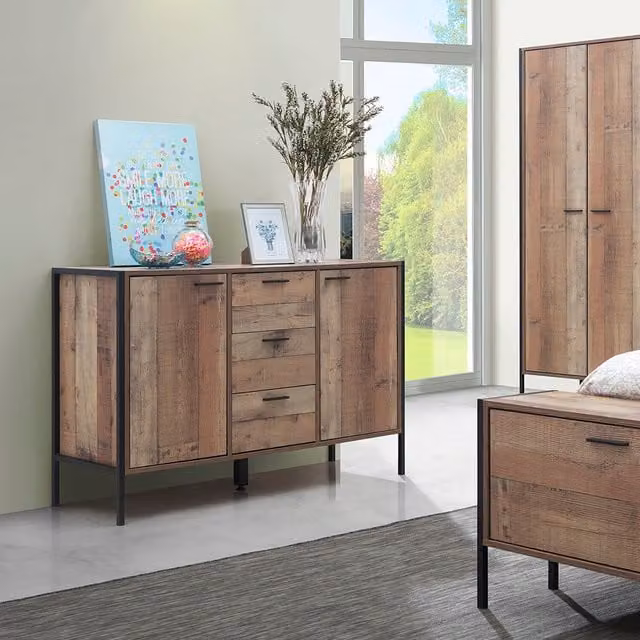 Timber Art Design Stretton Two Door Sideboard with Three Drawers in Brown Rustic Industrial Style – 1