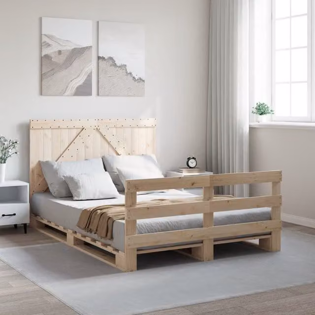 Berkfield Home Solid Wood Pine Bed Frame with Headboard in Brown, W/D/H: 140 x 200 cm – 1